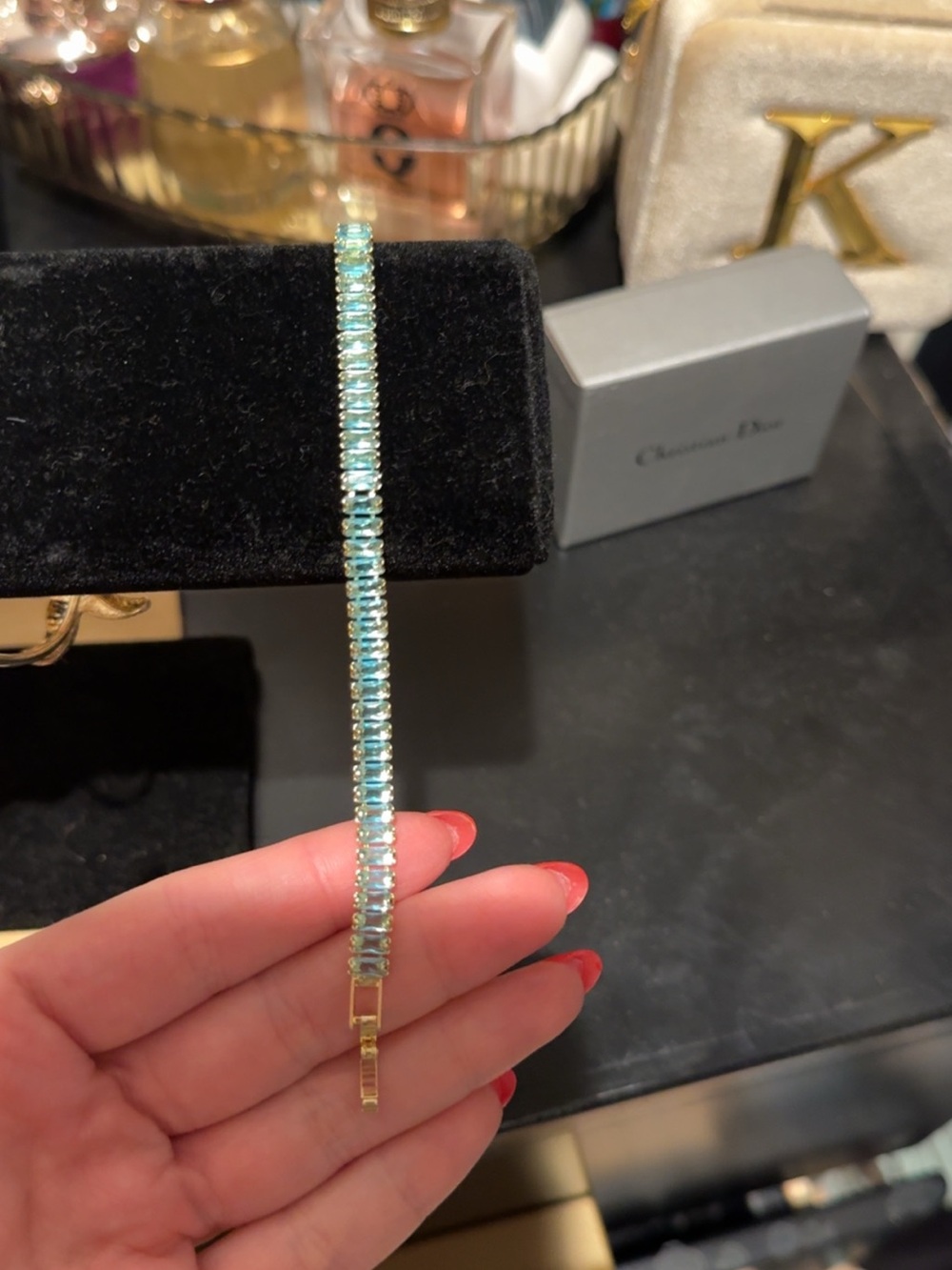 Gold Tennis Bracelet with Aqua Blue Stones